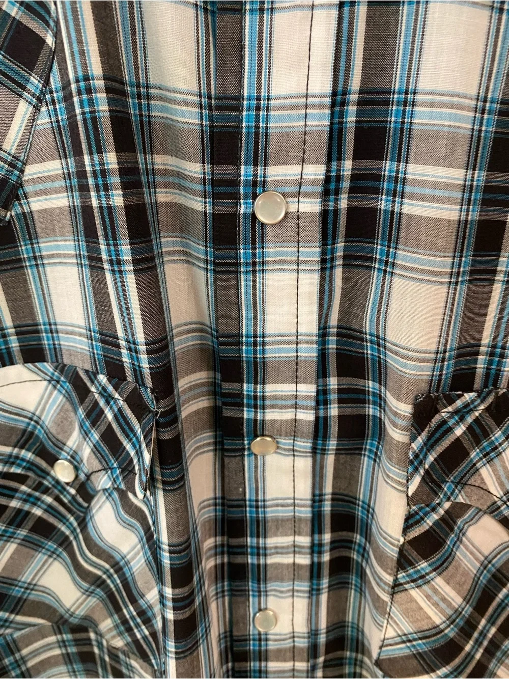 Ely Cattleman Western Pearl Snap Plaid Shirt Small Blue Gray Short Sleeve Cowboy - Picture 4 of 6